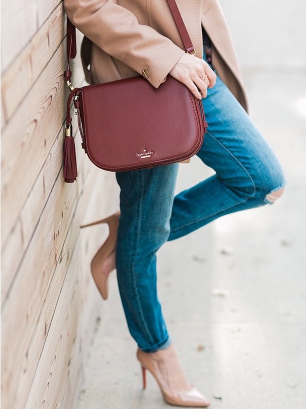 kate spade burgundy leather crossbody with tassel